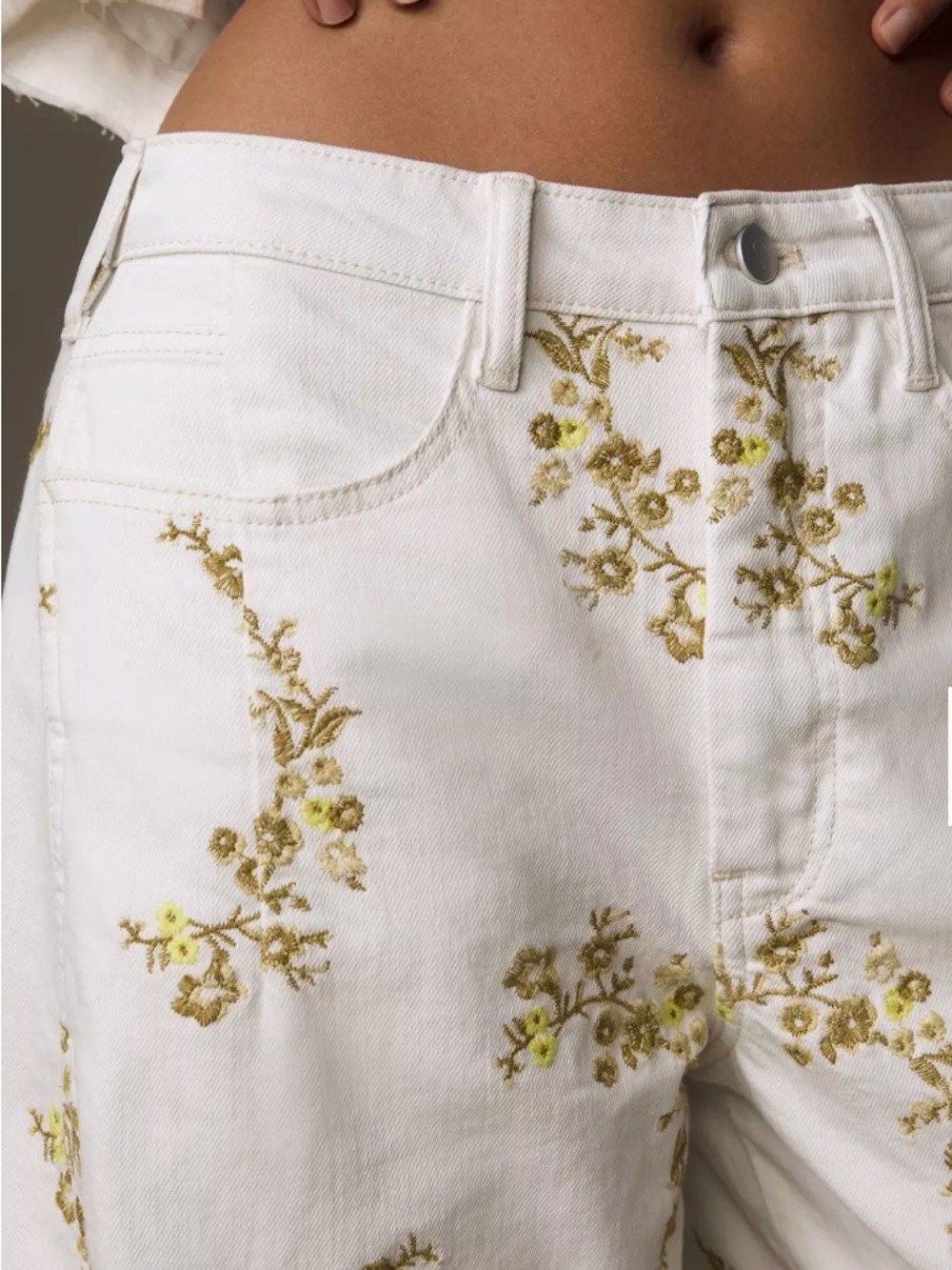 Anthropologie cream barrel Pants with Yellow/green Floral Embroidery - Picture 4 of 16